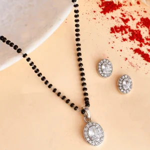 Sparkling Essential White Oval Cz Studded Silver Mangalsutra Set