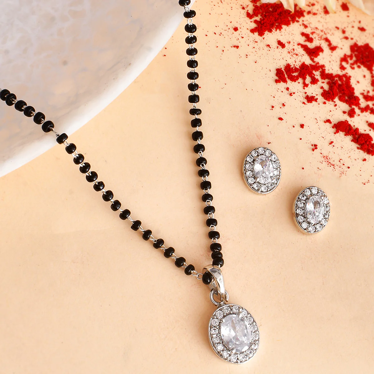 Sparkling Essential White Oval Cz Studded Silver Mangalsutra Set
